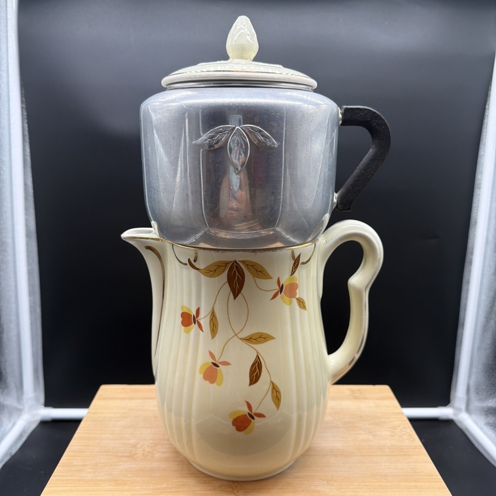VTG Hall's Superior Jewel Tea Autumn Leaf 8-Cup Coffee Pot w/Lid & Metal Drip